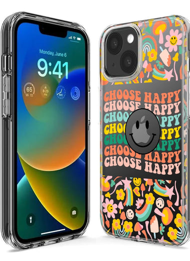 Apple iPhone 15 Plus Choose Happy Smiley Face Retro Vintage Groovy 70s Style Hybrid Protective Phone Case Cover