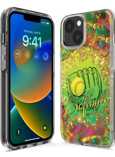 Apple iPhone 15 Plus Love Softball Girls Glove Green Tie Dye Swirl Paint Hybrid Protective Phone Case Cover