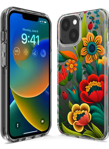 Apple iPhone 14 Plus Colorful Red Orange Folk Style Floral Vibrant Spring Flowers Hybrid Protective Phone Case Cover