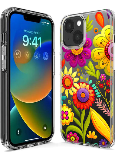 Apple iPhone 14 Plus Colorful Yellow Pink Folk Style Floral Vibrant Spring Flowers Hybrid Protective Phone Case Cover
