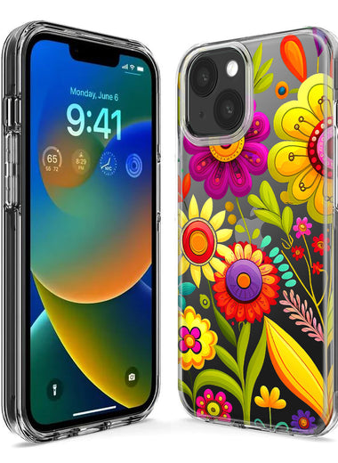 Apple iPhone 11 Pro Colorful Yellow Pink Folk Style Floral Vibrant Spring Flowers Hybrid Protective Phone Case Cover