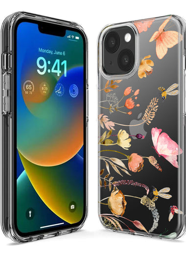 Apple iPhone 15 Pro Max Peach Meadow Wildflowers Butterflies Bees Watercolor Floral Hybrid Protective Phone Case Cover