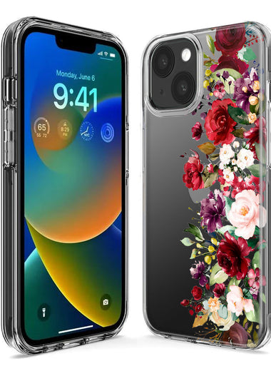 Apple iPhone 15 Plus Red Summer Watercolor Floral Bouquets Ruby Flowers Hybrid Protective Phone Case Cover