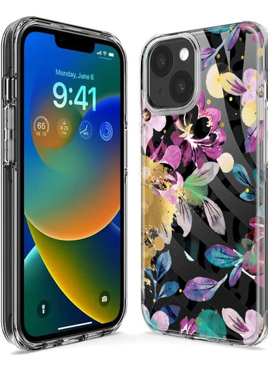 Apple iPhone 15 Plus Zebra Stripes Tropical Flowers Purple Blue Summer Vibes Hybrid Protective Phone Case Cover