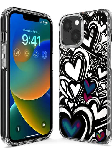 Apple iPhone 14 Pro Max Black White Hearts Love Graffiti Hybrid Protective Phone Case Cover