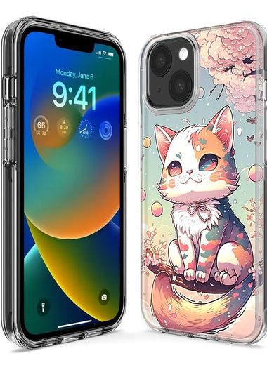 Apple iPhone 15 Plus Kawaii Manga Pink Cherry Blossom Cute Cat Hybrid Protective Phone Case Cover