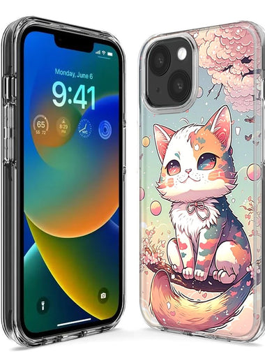 Apple iPhone 12 Kawaii Manga Pink Cherry Blossom Cute Cat Hybrid Protective Phone Case Cover