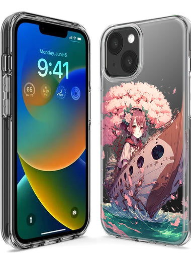 Apple iPhone 14 Pro Max Kawaii Manga Pink Cherry Blossom Japanese Girl Boat Hybrid Protective Phone Case Cover