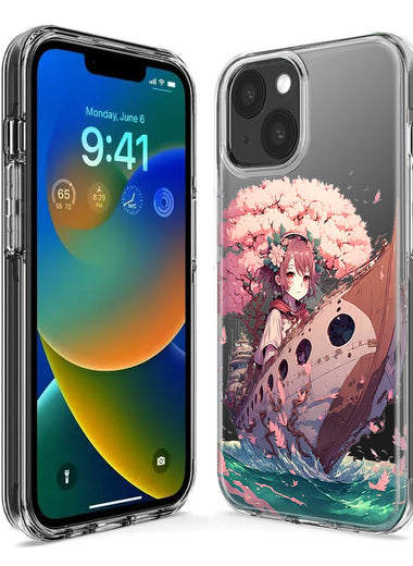 Apple iPhone 15 Plus Kawaii Manga Pink Cherry Blossom Japanese Girl Boat Hybrid Protective Phone Case Cover