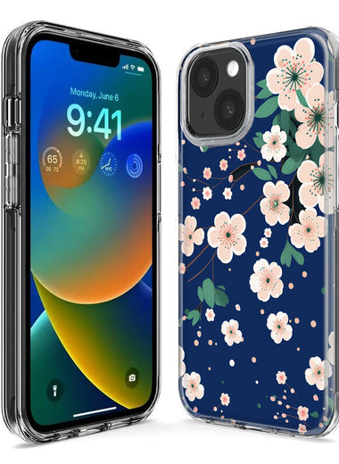 Apple iPhone 15 Pro Kawaii Japanese Pink Cherry Blossom Navy Blue Hybrid Protective Phone Case Cover