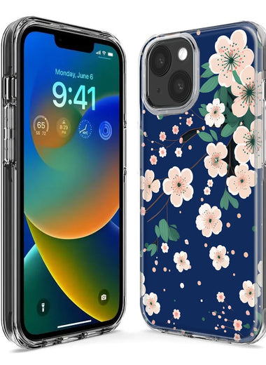 Apple iPhone 15 Plus Kawaii Japanese Pink Cherry Blossom Navy Blue Hybrid Protective Phone Case Cover