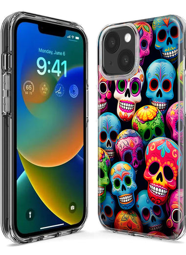 Apple iPhone 15 Pro Max Halloween Spooky Colorful Day of the Dead Skulls Hybrid Protective Phone Case Cover