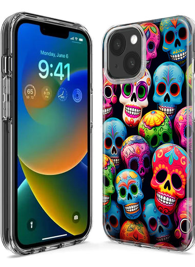 Apple iPhone 12 Halloween Spooky Colorful Day of the Dead Skulls Hybrid Protective Phone Case Cover