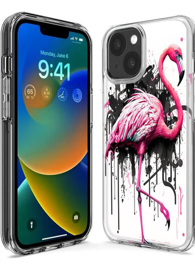 Apple iPhone 15 Plus Pink Flamingo Painting Graffiti Hybrid Protective Phone Case Cover