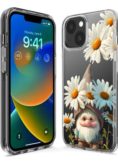 Apple iPhone 15 Pro Cute Gnome White Daisy Flowers Floral Hybrid Protective Phone Case Cover