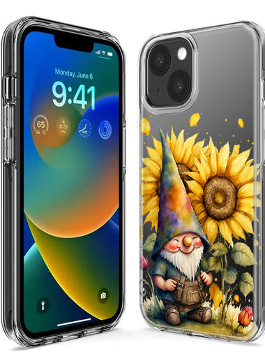 Apple iPhone 15 Plus Cute Gnome Sunflowers Clear Hybrid Protective Phone Case Cover