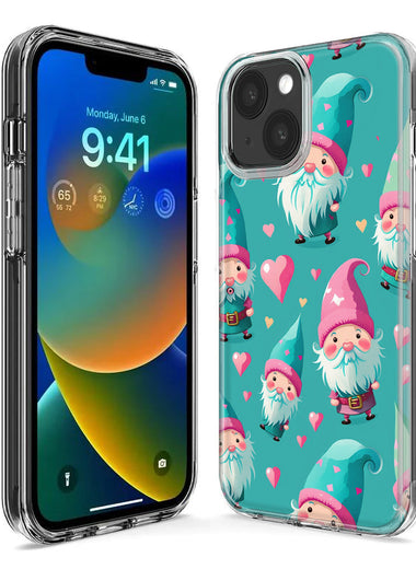 Apple iPhone 15 Plus Turquoise Pink Hearts Gnomes Hybrid Protective Phone Case Cover