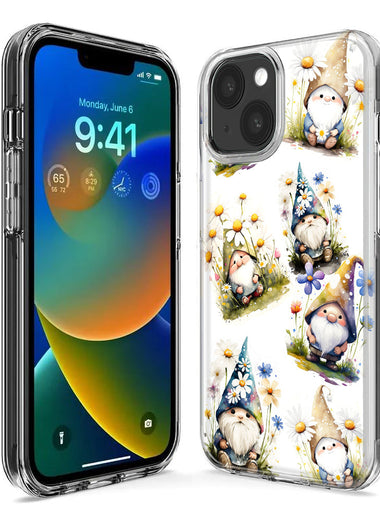 Apple iPhone 15 Pro Cute White Blue Daisies Gnomes Hybrid Protective Phone Case Cover
