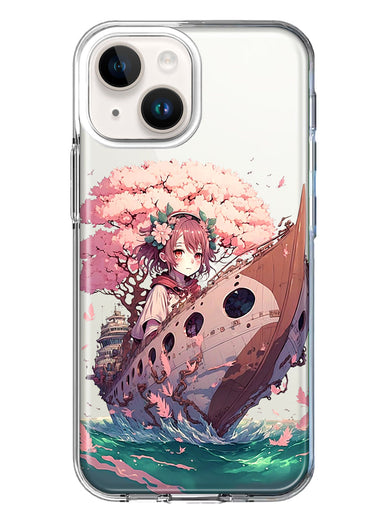 Apple iPhone 15 Plus Kawaii Manga Pink Cherry Blossom Japanese Girl Boat Hybrid Protective Phone Case Cover