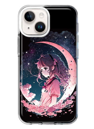 Apple iPhone 15 Plus Kawaii Manga Pink Cherry Blossom Dreaming Moon Girl Hybrid Protective Phone Case Cover