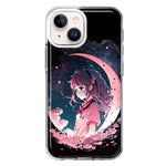 Apple iPhone 15 Plus Kawaii Manga Pink Cherry Blossom Dreaming Moon Girl Hybrid Protective Phone Case Cover