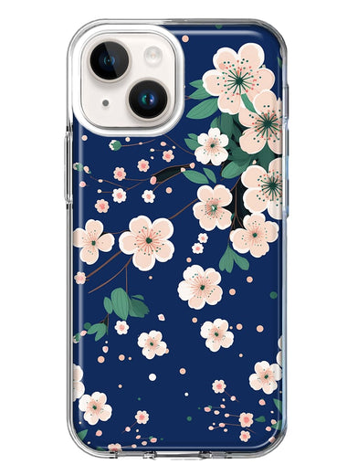 Apple iPhone 15 Plus Kawaii Japanese Pink Cherry Blossom Navy Blue Hybrid Protective Phone Case Cover