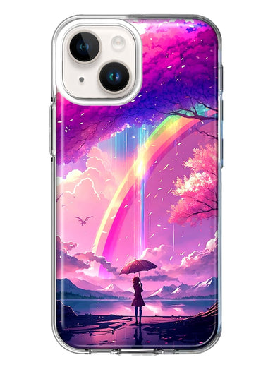 Apple iPhone 15 Plus Kawaii Manga Pink Cherry Blossom Japanese Rainbow Girl Hybrid Protective Phone Case Cover