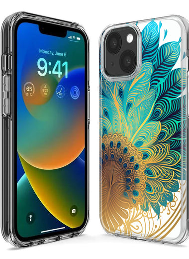 Apple iPhone 15 Pro Max Mandala Geometry Abstract Peacock Feather Pattern Hybrid Protective Phone Case Cover