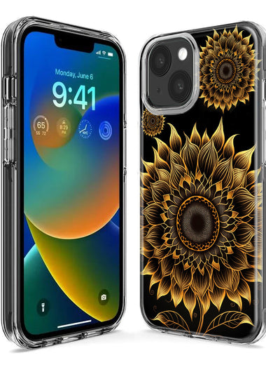 Apple iPhone 15 Pro Mandala Geometry Abstract Sunflowers Pattern Hybrid Protective Phone Case Cover