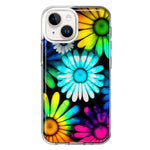 Apple iPhone 15 Plus Neon Rainbow Daisy Glow Colorful Daisies Baby Blue Pink Yellow White Double Layer Phone Case Cover