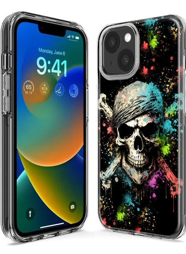 Apple iPhone 15 Plus Fantasy Paint Splash Pirate Skull Hybrid Protective Phone Case Cover