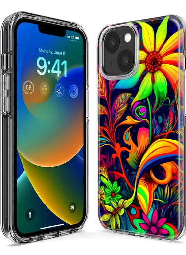 Apple iPhone 15 Plus Neon Rainbow Psychedelic Trippy Hippie Daisy Flowers Hybrid Protective Phone Case Cover