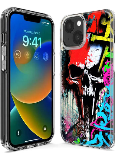 Apple iPhone 15 Skull Face Graffiti Painting Art Hybrid Protective Phone Case Cover