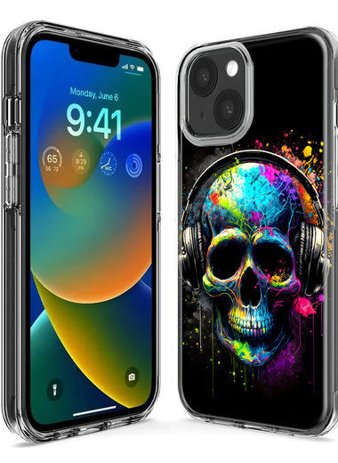 Apple iPhone 15 Plus Fantasy Skull Headphone Colorful Pop Art Hybrid Protective Phone Case Cover