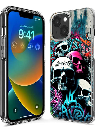 Apple iPhone 15 Skulls Graffiti Painting Art Hybrid Protective Phone Case Cover