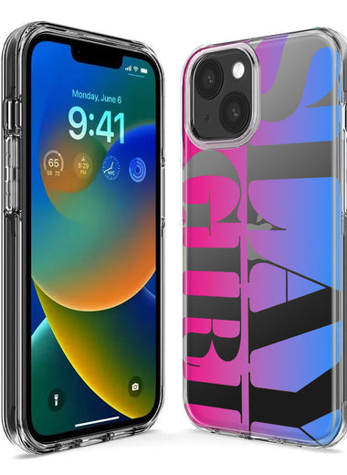 Apple iPhone 15 Pro Pink Blue Clear Funny Text Quote Slay Girl Hybrid Protective Phone Case Cover