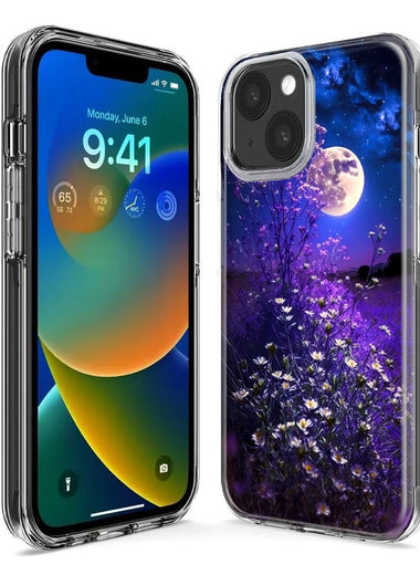 Apple iPhone 13 Pro Spring Moon Night Lavender Flowers Floral Hybrid Protective Phone Case Cover
