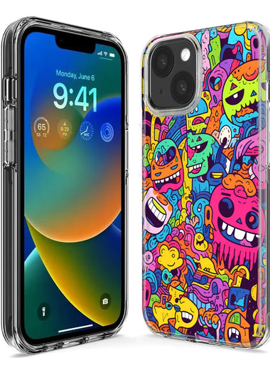 Apple iPhone 15 Psychedelic Trippy Happy Characters Pop Art Hybrid Protective Phone Case Cover