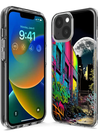 Apple iPhone 15 Pro Urban City Full Moon Graffiti Painting Art Hybrid Protective Phone Case Cover