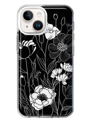 Apple iPhone 15 Plus Line Drawing Art White Floral Flowers Hybrid Protective Phone Case Cover