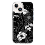 Apple iPhone 15 Plus Line Drawing Art White Floral Flowers Hybrid Protective Phone Case Cover