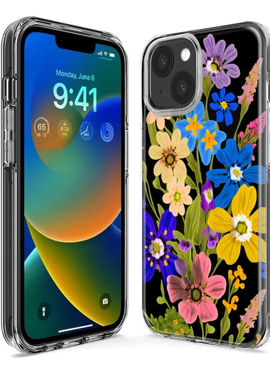 Apple iPhone 15 Plus Blue Yellow Vintage Spring Wild Flowers Floral Hybrid Protective Phone Case Cover