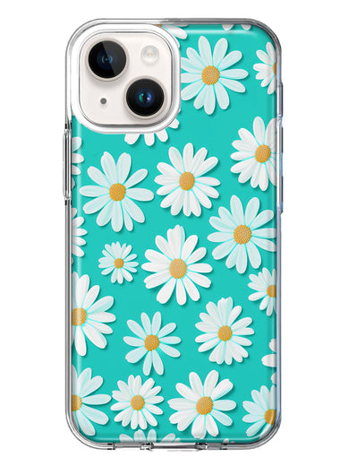Apple iPhone 14 Turquoise Teal White Daisies Cute Daisy Polka Dots Double Layer Phone Case Cover