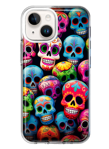 Apple iPhone 15 Plus Halloween Spooky Colorful Day of the Dead Skulls Hybrid Protective Phone Case Cover