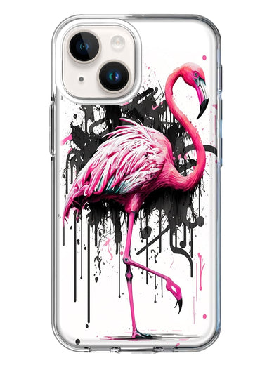 Apple iPhone 15 Plus Pink Flamingo Painting Graffiti Hybrid Protective Phone Case Cover