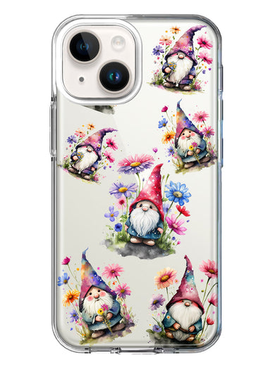 Apple iPhone 15 Plus Cute Pink Purple Cosmos Flowers Gnomes Spring Floral Double Layer Phone Case Cover