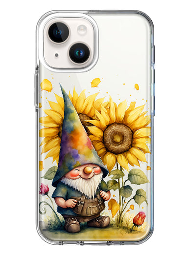 Apple iPhone 15 Plus Cute Gnome Sunflowers Clear Hybrid Protective Phone Case Cover