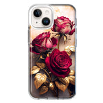 Apple iPhone 15 Plus Romantic Elegant Gold Marble Red Roses Double Layer Phone Case Cover