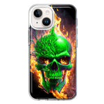 Apple iPhone 14 Green Flaming Skull Burning Fire Double Layer Phone Case Cover