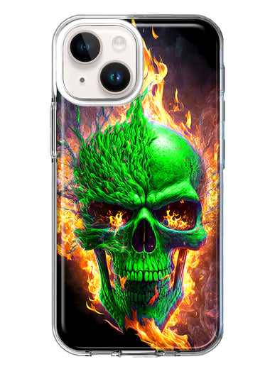 Apple iPhone 15 Plus Green Flaming Skull Burning Fire Double Layer Phone Case Cover